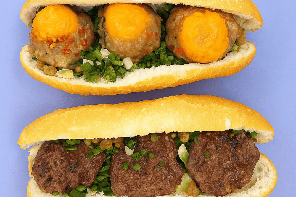 Each serving of grilled beef meatball banh mi comes with an extra salted egg pork meatballs, making it rich, flavorful, and absolutely delicious